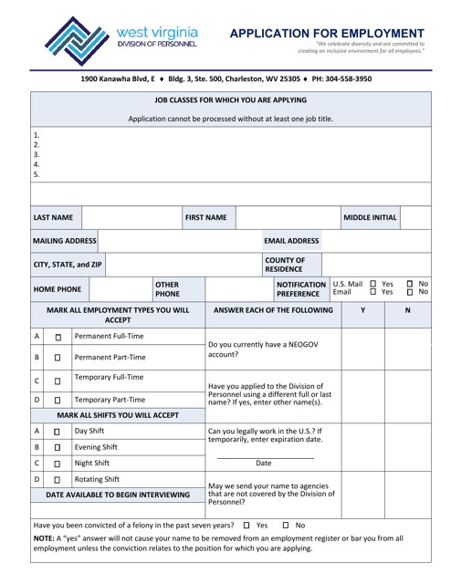 Application for Employment - West Virginia Download Pdf