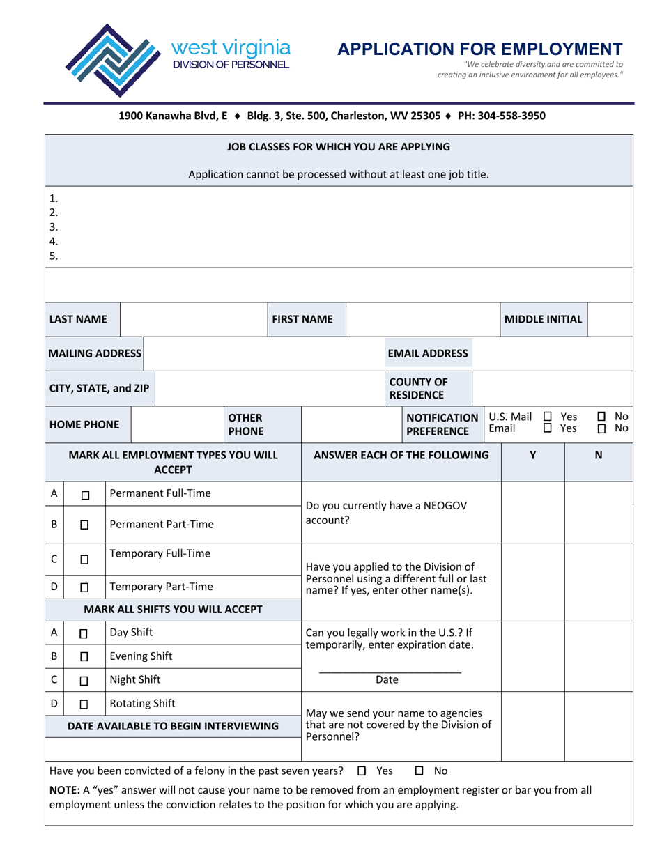 Application for Employment - West Virginia, Page 1