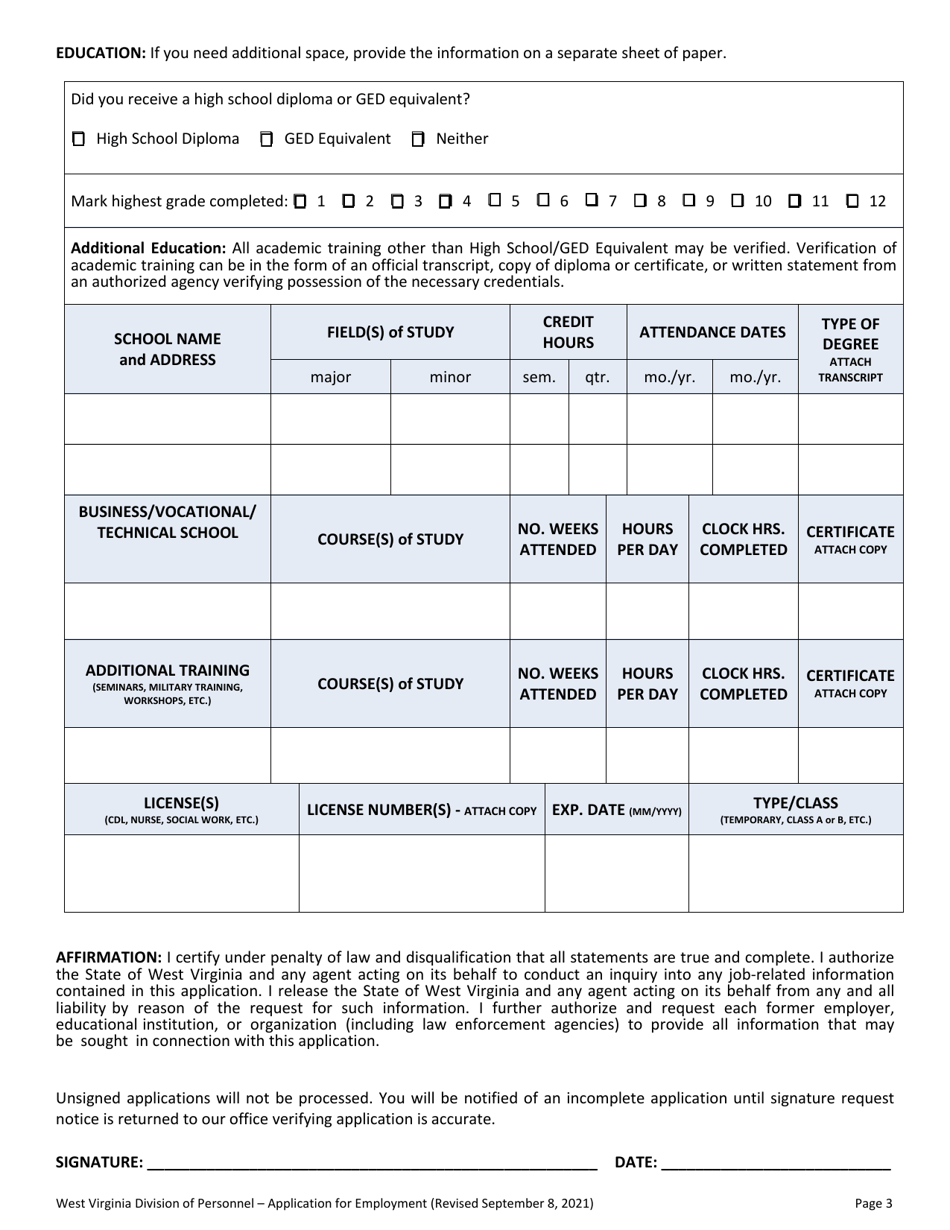 Application for Employment - West Virginia, Page 3