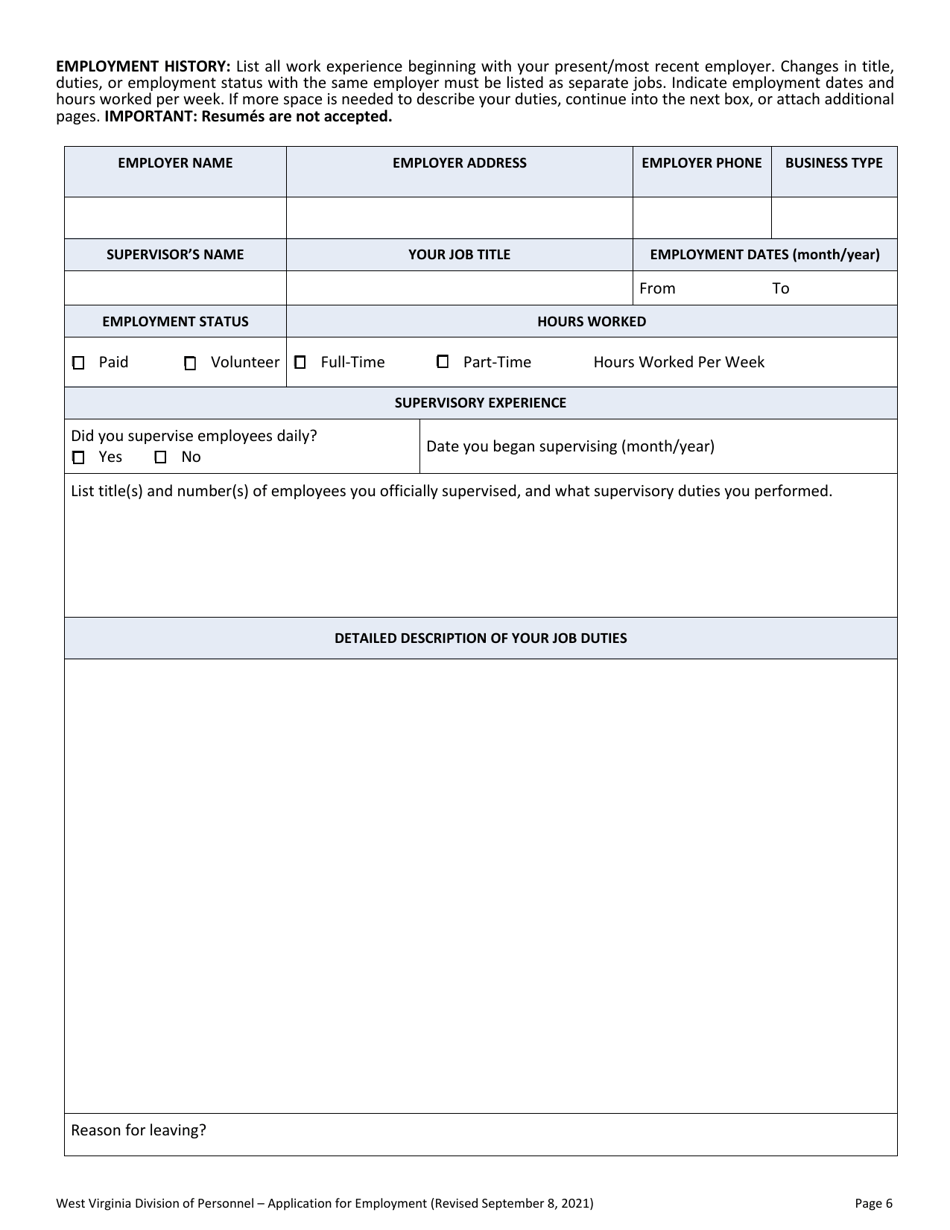 Application for Employment - West Virginia, Page 6