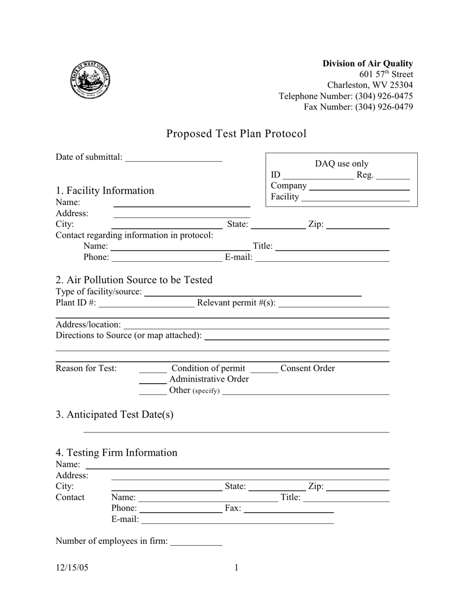 Proposed Test Plan Protocol - West Virginia, Page 1
