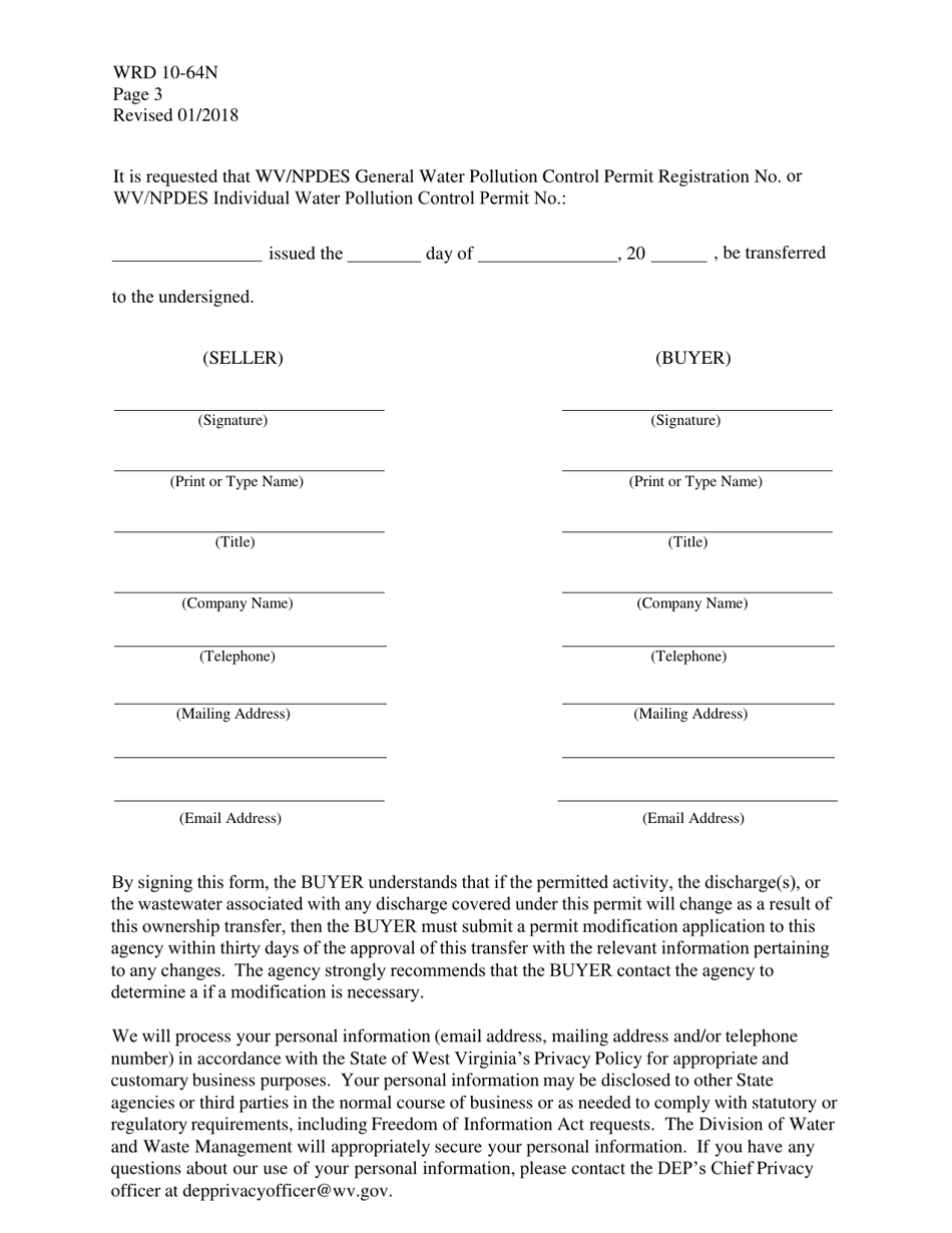 Form WRD10-64N Wv / Npdes Permit Transfer Form - West Virginia, Page 4