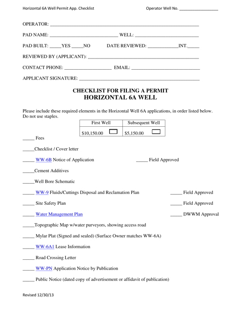 Checklist for Filing a Permit Horizontal 6a Well - West Virginia Download Pdf