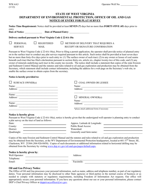 Form WW-6A3 Notice of Entry for Plat Survey - West Virginia