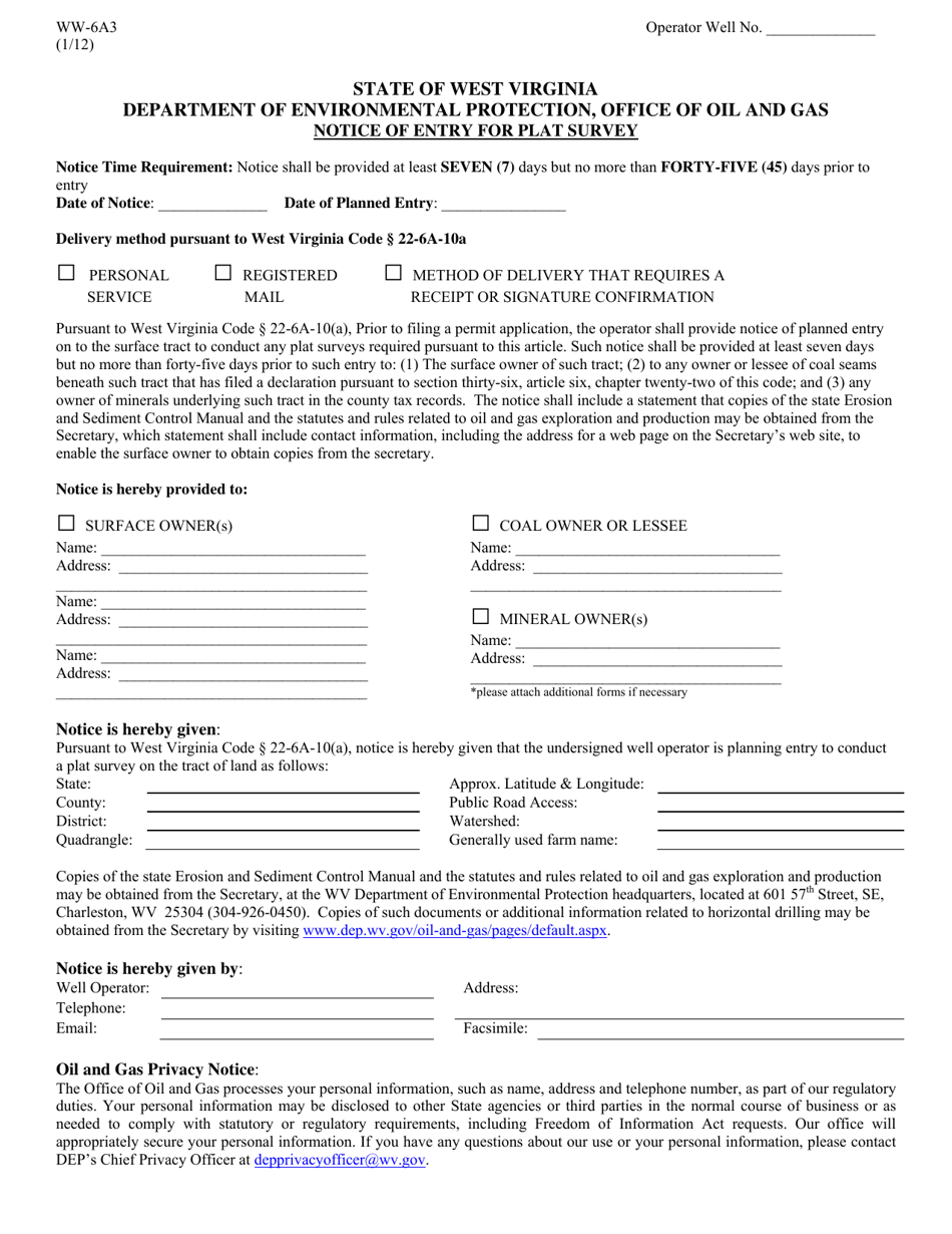 Form WW-6A3 Notice of Entry for Plat Survey - West Virginia, Page 1