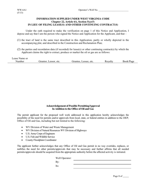 Form WW-6A1 Information Supplied Under West Virginia Code Chapter 22, Article 6a, Section 5(A)(5) in Lieu of Filing Lease(S) and Other Continuing Contract(S) - West Virginia