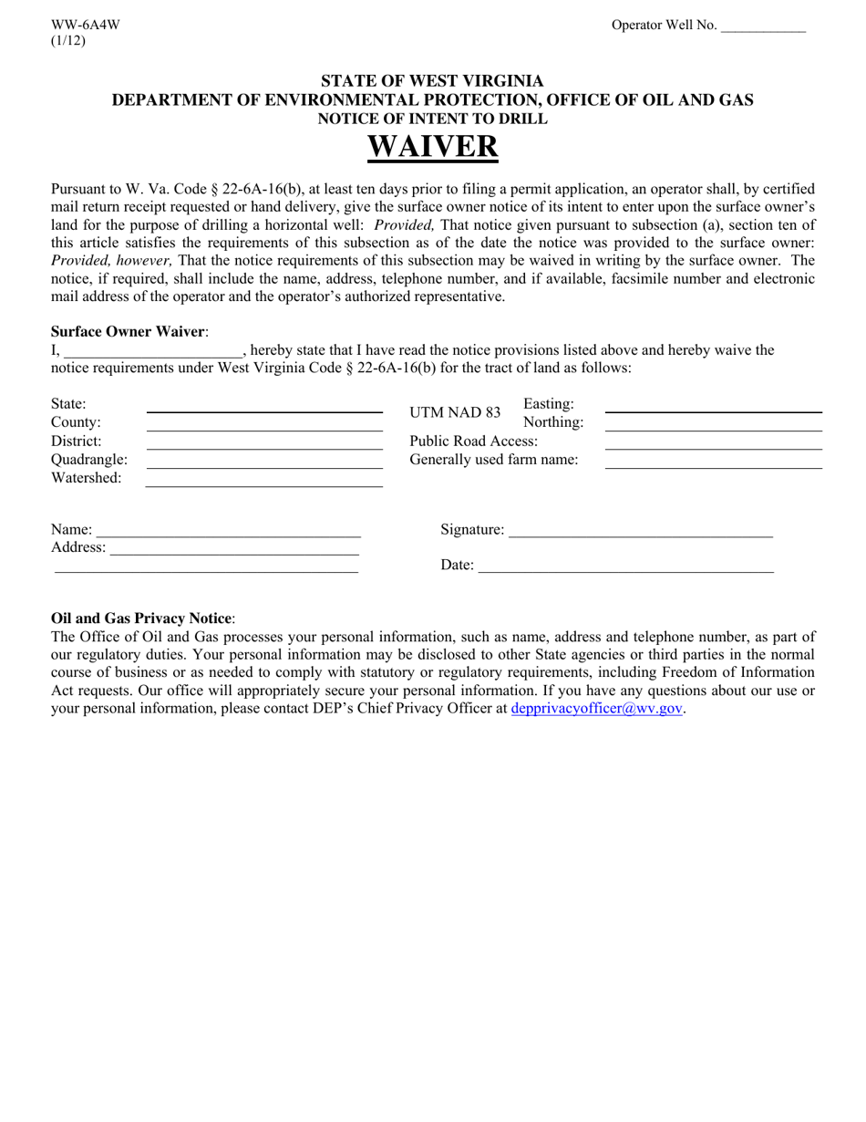 Form WW-6A4W Notice of Intent to Drill Waiver - West Virginia, Page 1
