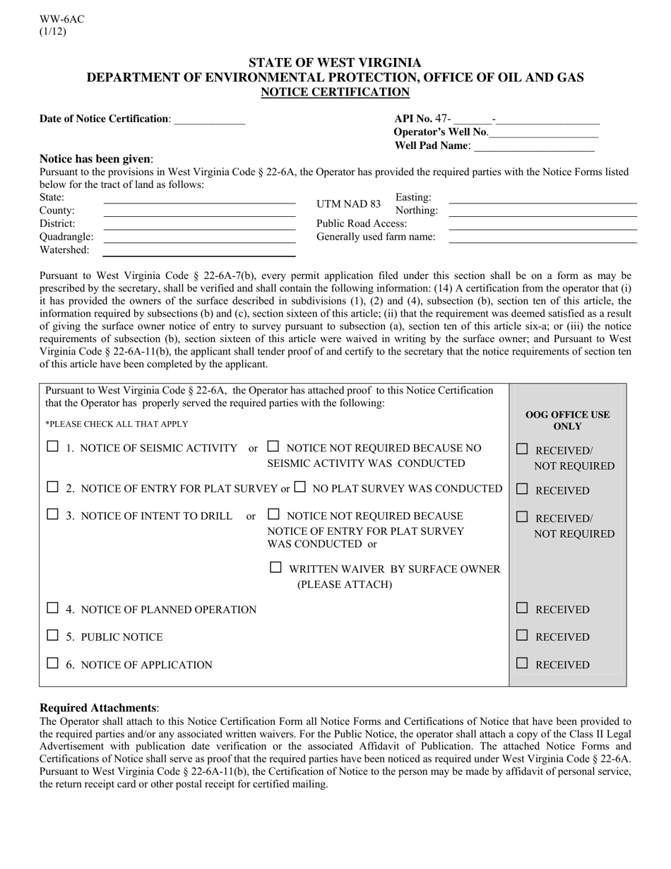 Form WW-6AC Notice Certification - West Virginia, Page 1