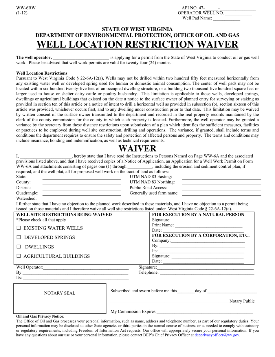 Form WW-6RW Well Location Restriction Waiver - West Virginia, Page 1