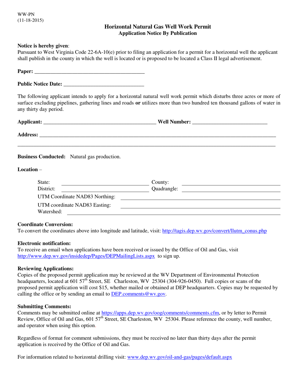 Form WW-PN Horizontal Natural Gas Well Work Permit Application Notice by Publication - West Virginia, Page 1