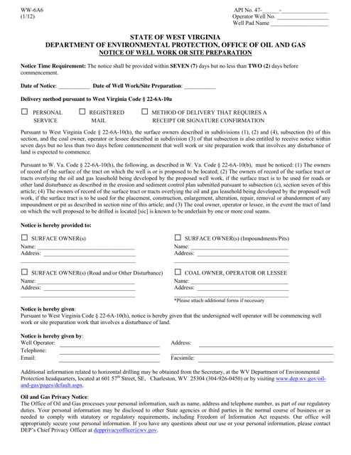Form WW-6A6 Notice of Well Work or Site Preparation - West Virginia