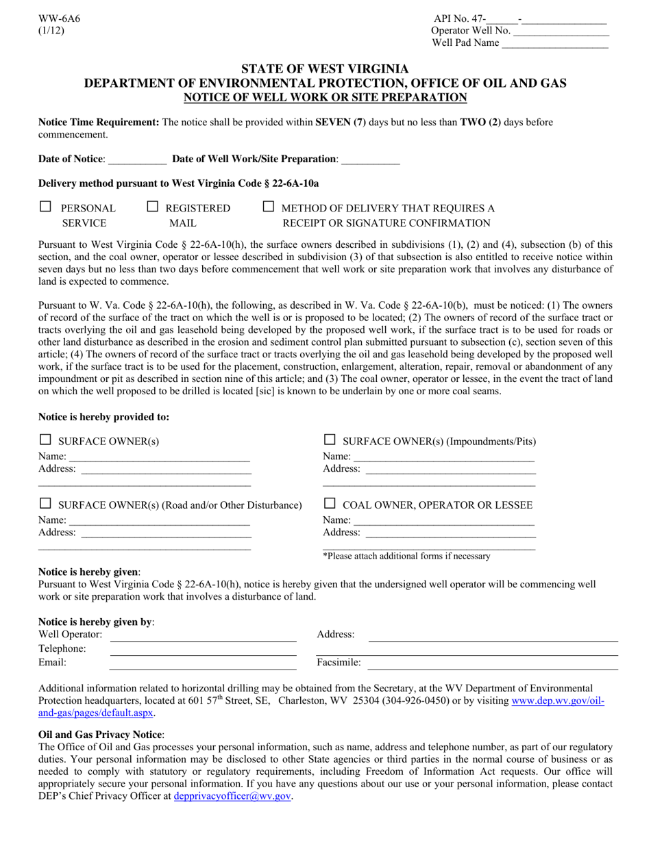 Form WW-6A6 Notice of Well Work or Site Preparation - West Virginia, Page 1
