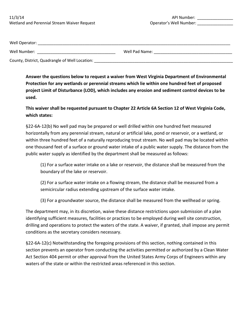Wetland and Perennial Stream Waiver Request - West Virginia, Page 1