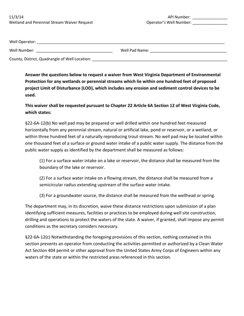 Wetland and Perennial Stream Waiver Request - West Virginia Download Pdf