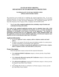 Document preview: Instructions for Application for Individual Water Quality State 401 Certification for Non-coal Related Facilities - West Virginia