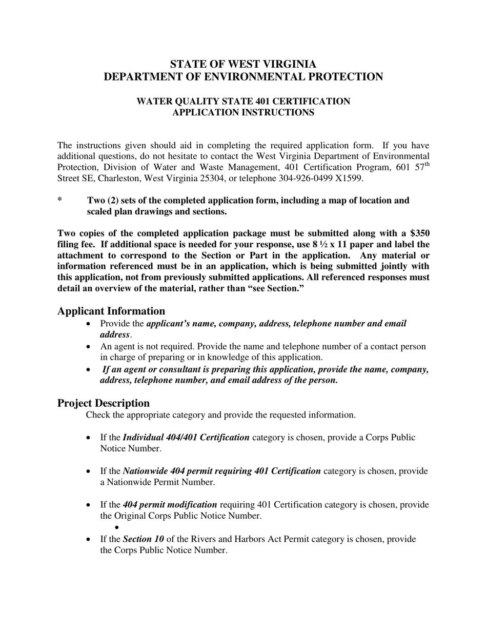 Instructions for Application for Individual Water Quality State 401 Certification for Non-coal Related Facilities - West Virginia, Page 1
