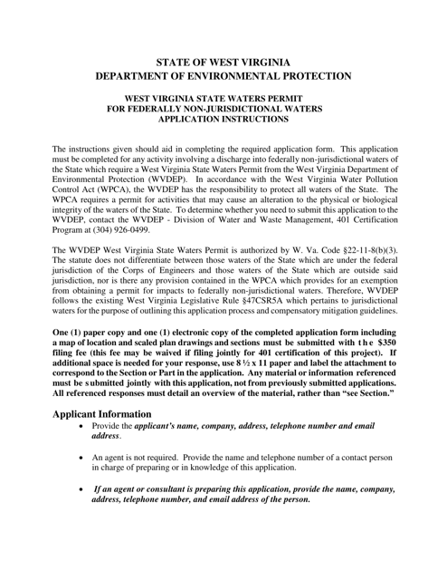 Instructions for Application for West Virginia State Waters Permit for Federally Non-jurisdictional Waters - West Virginia