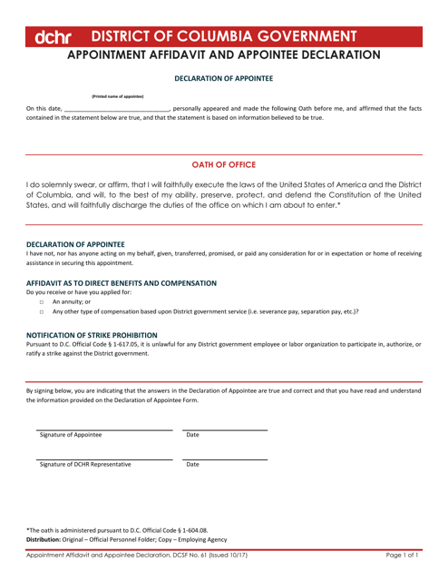 Form DCSF61 Appointment Affidavit and Appointee Declaration - Washington, D.C.