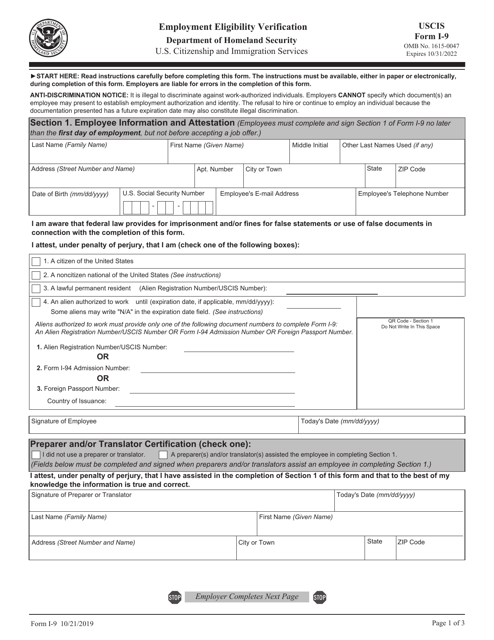 USCIS Form I-9  Printable Pdf