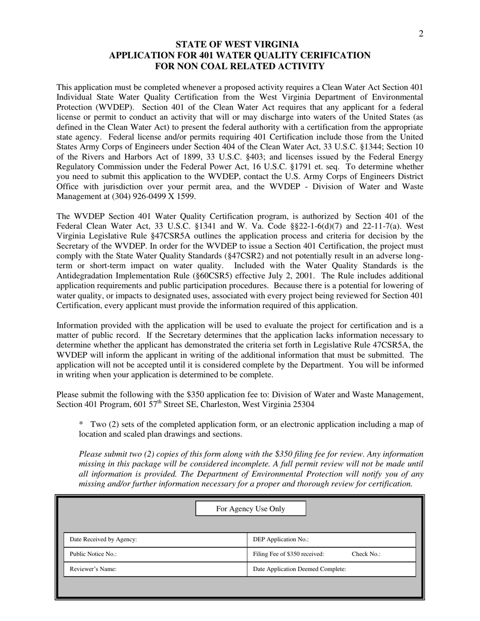 Application for Individual Water Quality State 401 Certification for Non-coal Related Activity - West Virginia, Page 2