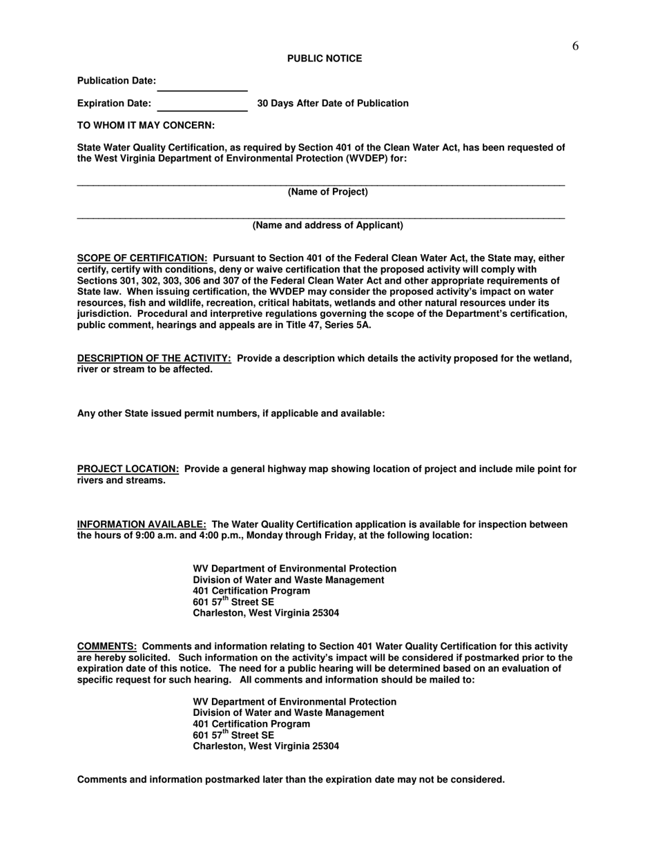 Application for Individual Water Quality State 401 Certification for Non-coal Related Activity - West Virginia, Page 6