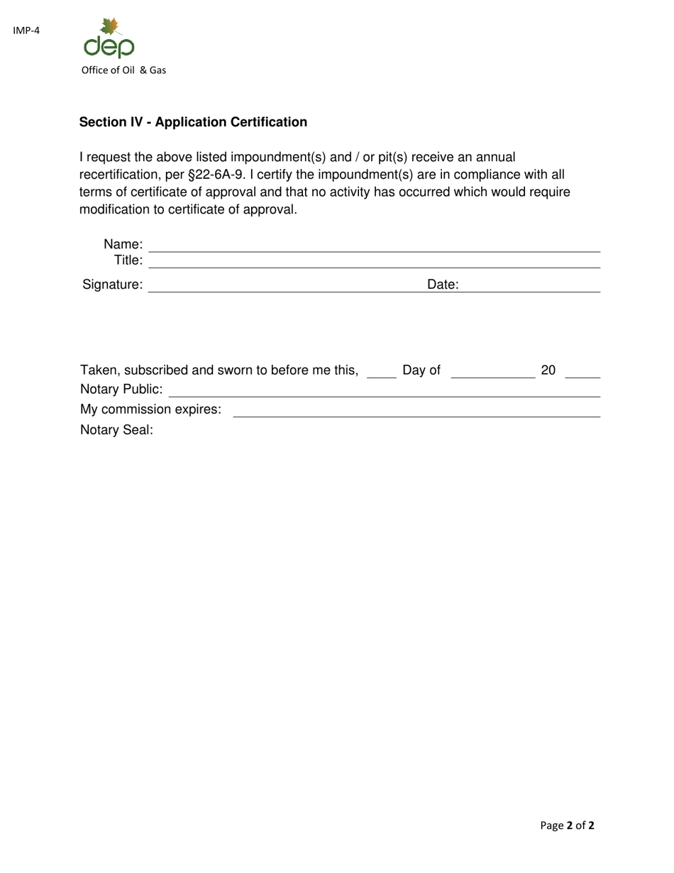 Form IMP-4 Centralized Impoundment / Pit Certificate of Approval Annual Recertification Form - West Virginia, Page 2