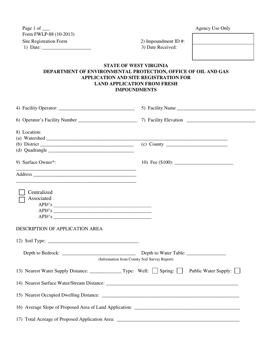 Form FWLP-88 Application and Site Registration for Land Application From Fresh Impoundments - West Virginia, Page 1