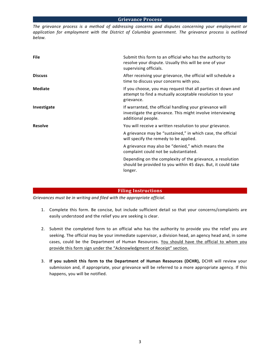 Form DPM-1628 Grievance Form - Washington, D.C., Page 3