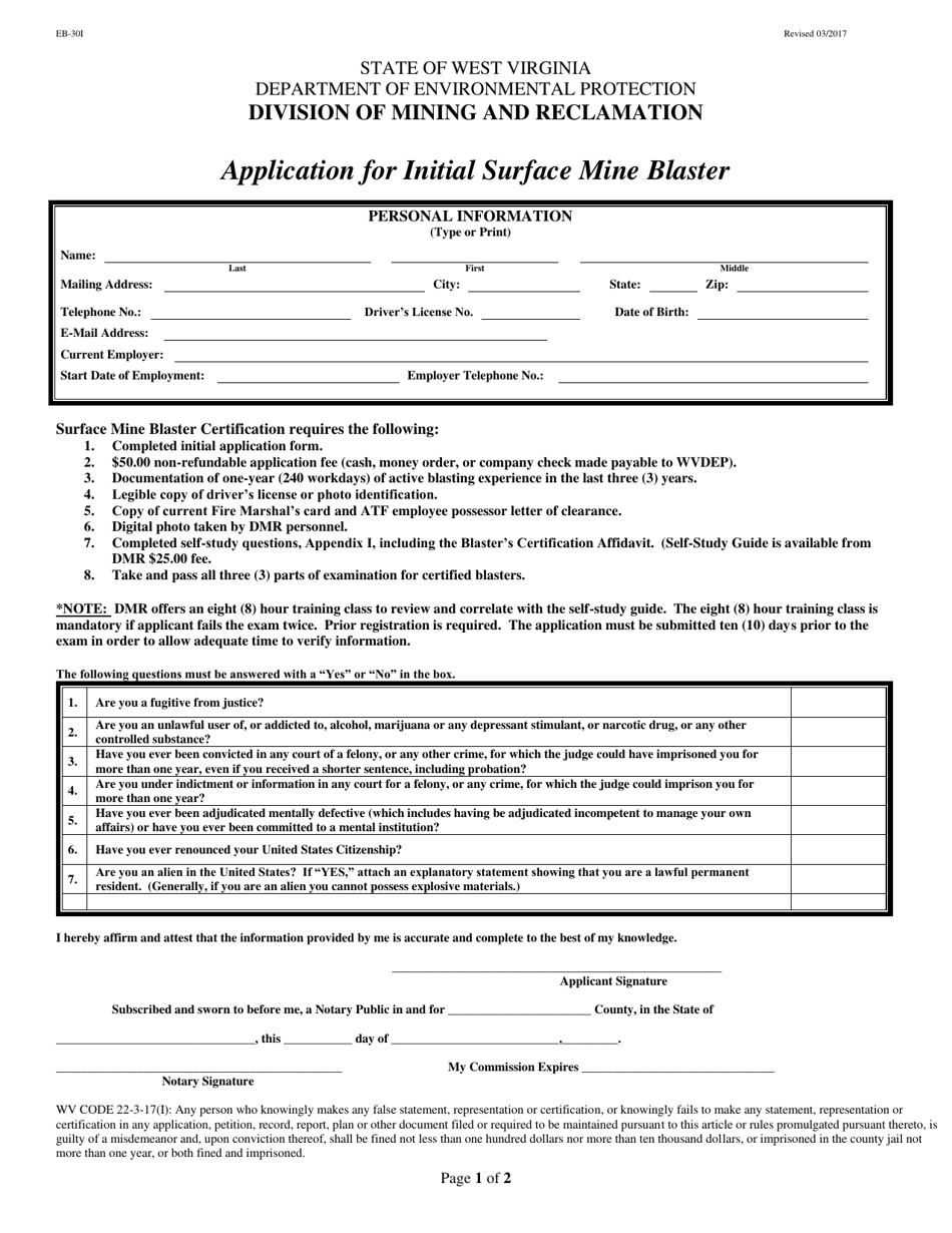 Form EB-30I Application for Initial Surface Mine Blaster - West Virginia, Page 1