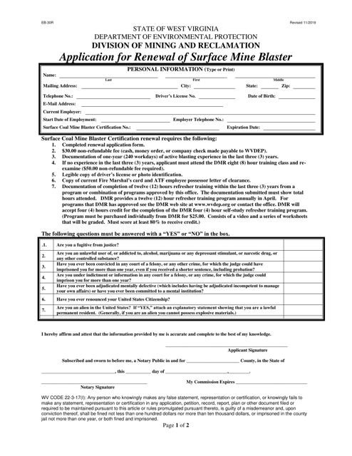 Form EB-30R Application for Renewal of Surface Mine Blaster - West Virginia