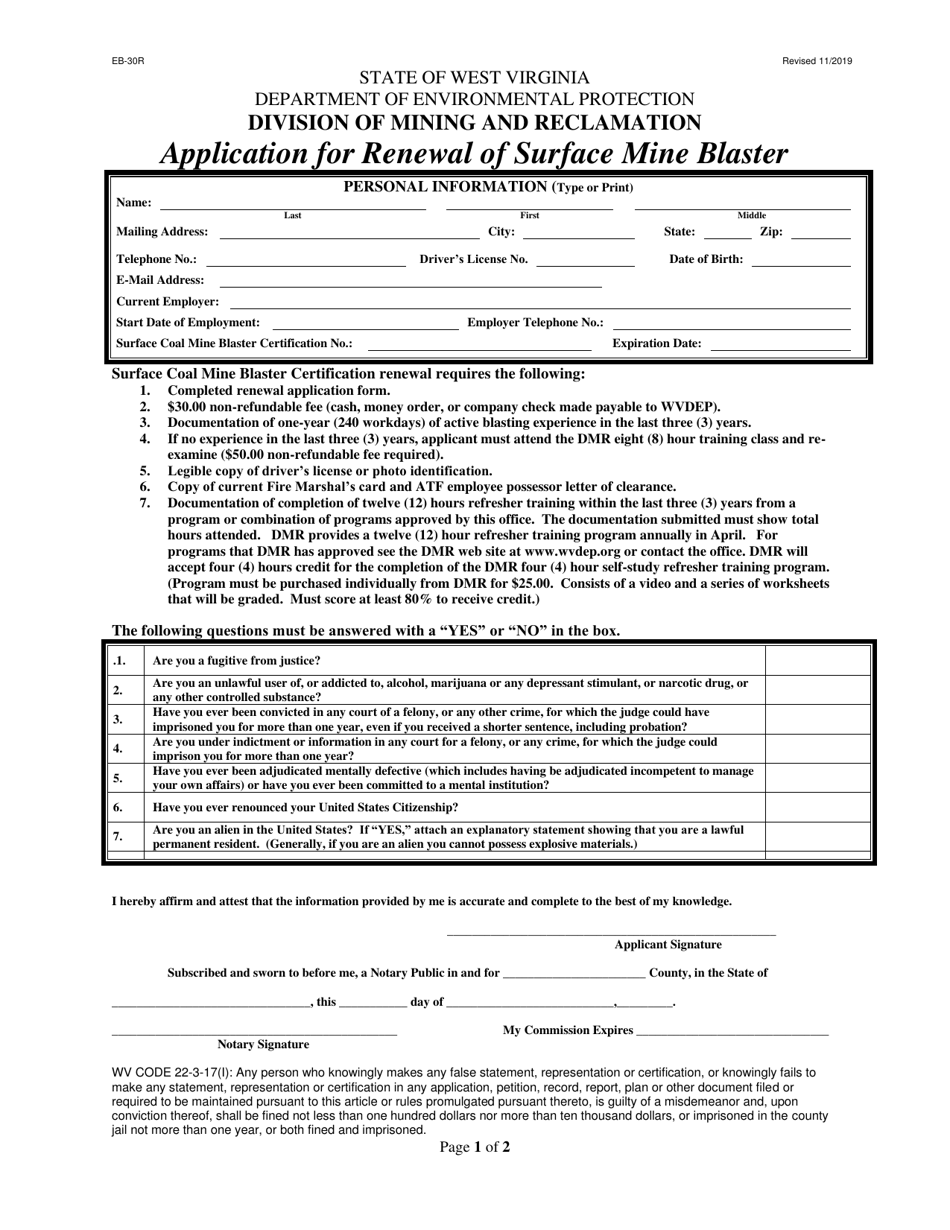 Form EB-30R Application for Renewal of Surface Mine Blaster - West Virginia, Page 1