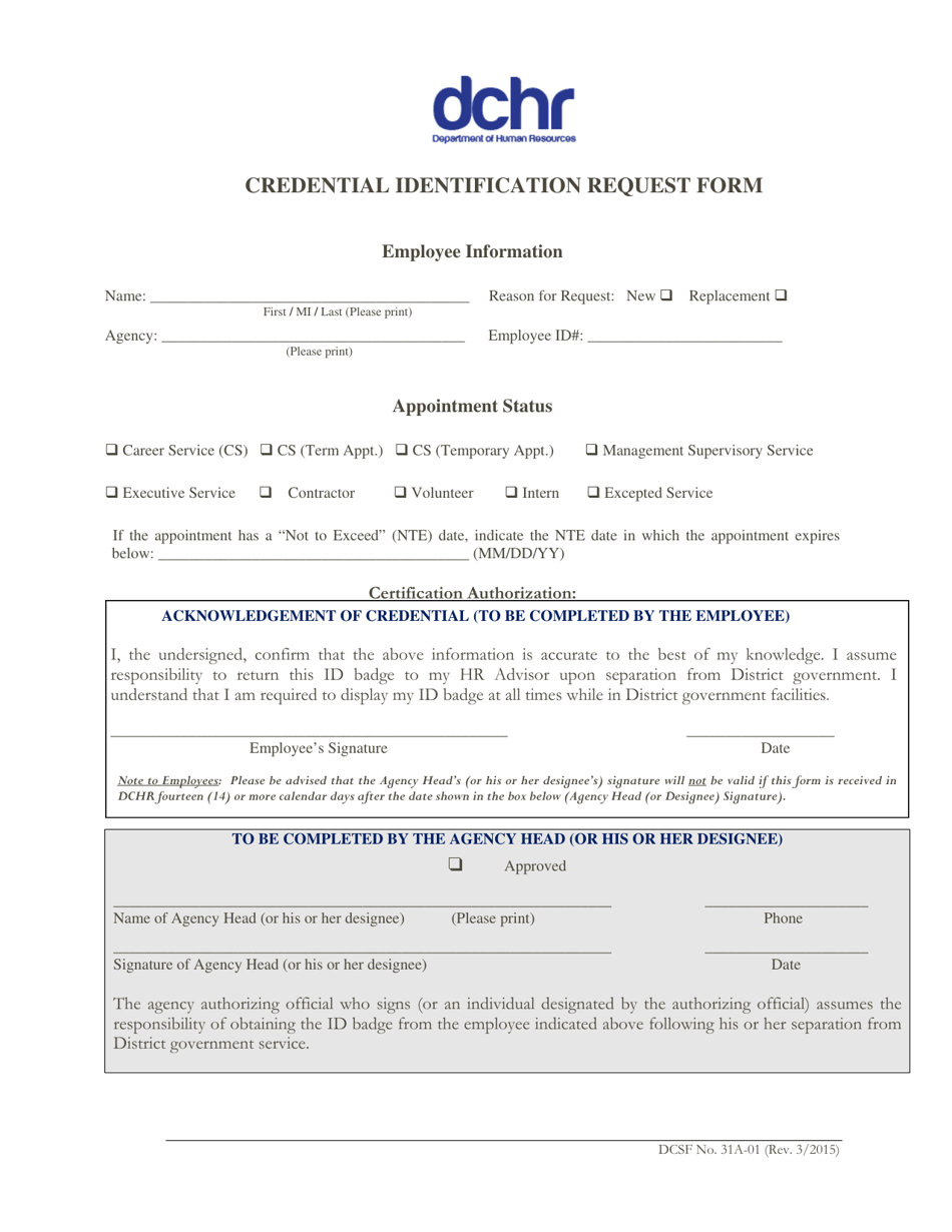 DCSF Form 31A-01 Credential Identification Request Form - Washington, D.C., Page 1