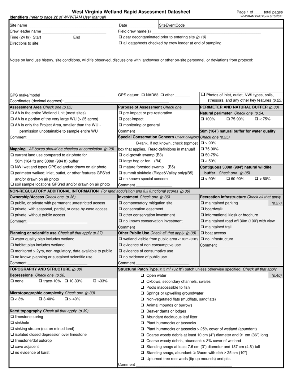 West Virginia Wetland Rapid Assessment Datasheet - West Virginia, Page 1