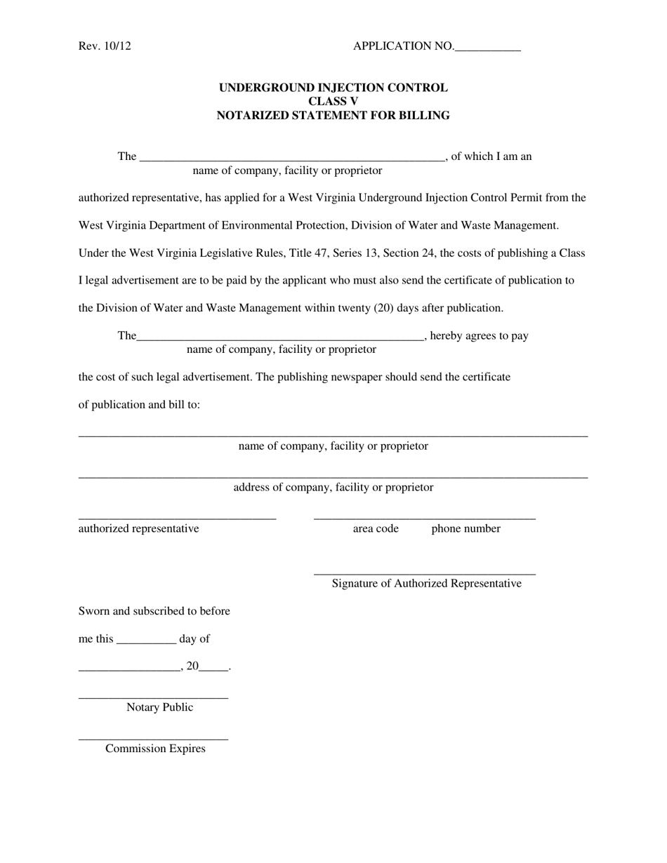 Underground Injection Control Class V Notarized Statement for Billing - West Virginia, Page 1