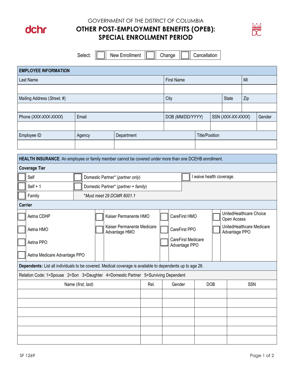 Form SF1269 Other Post-employment Benefits (Opeb) - Special Enrollment Period - Washington, D.C., Page 1