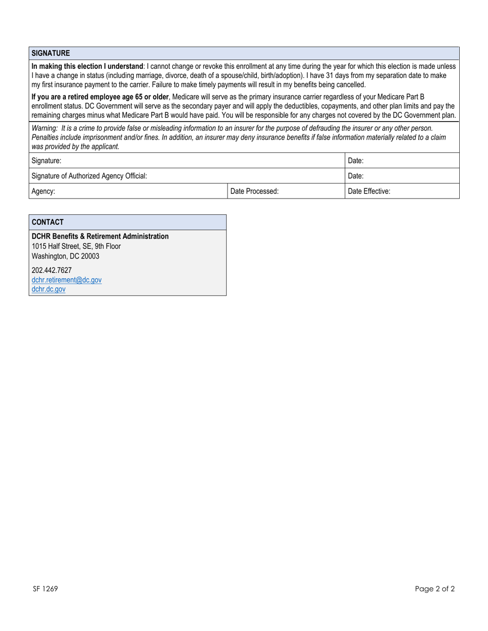 Form SF1269 Other Post-employment Benefits (Opeb) - Special Enrollment Period - Washington, D.C., Page 2