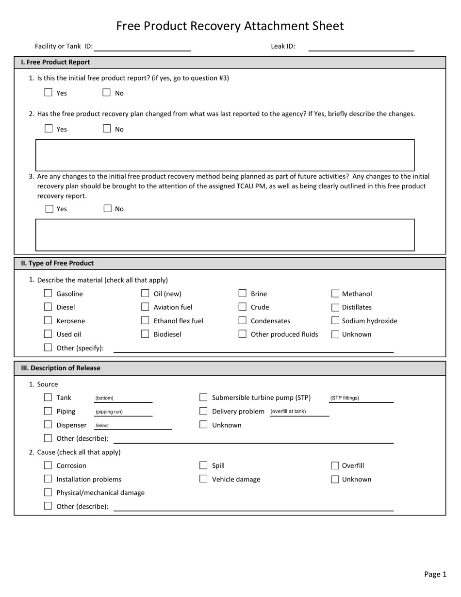 Appendix B-8 Free Product Recovery Attachment Sheet - West Virginia, Page 1