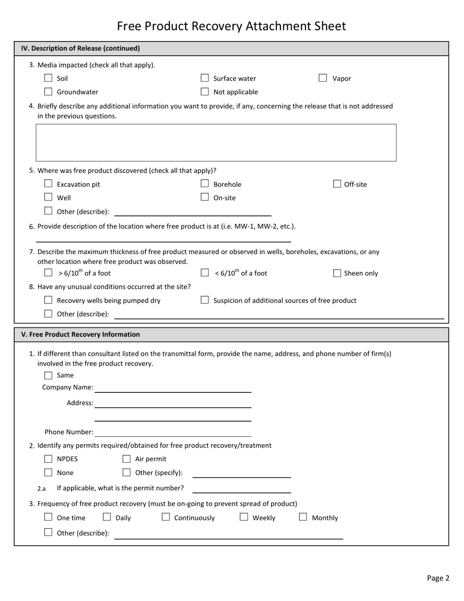 Appendix B-8 Free Product Recovery Attachment Sheet - West Virginia, Page 2