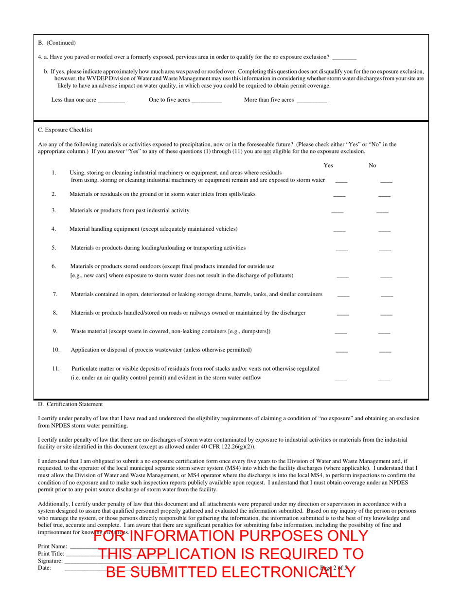 No Exposure Certification for Exclusion From the Npdes Multi-Sector Industrial Storm Water Permit - West Virginia, Page 2