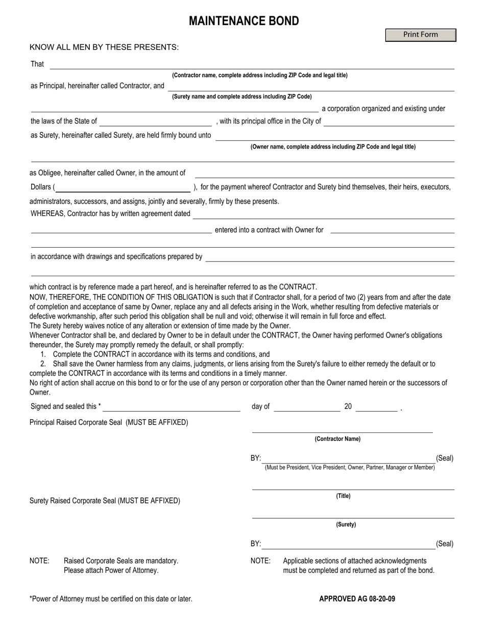 West Virginia Maintenance Bond - Fill Out, Sign Online and Download PDF ...