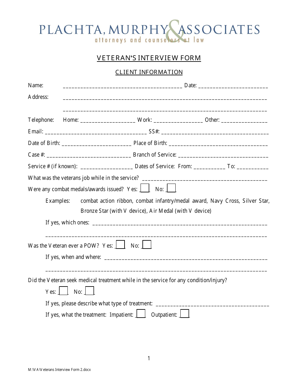 Veterans Interview Form - Plachta, Murphy  Associates, Page 1