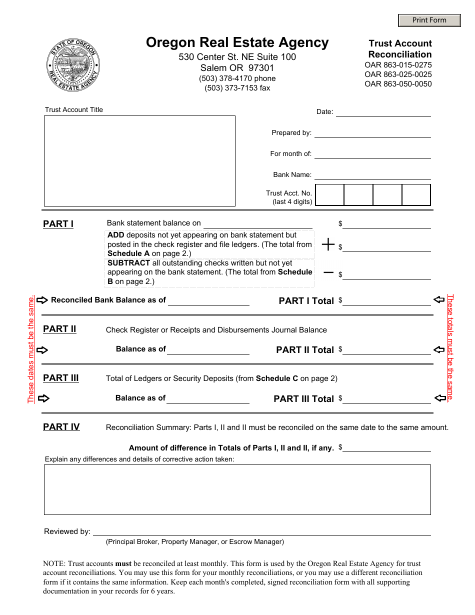 Real Estate Agency Trust Account Reconciliation Form - Oregon, Page 1