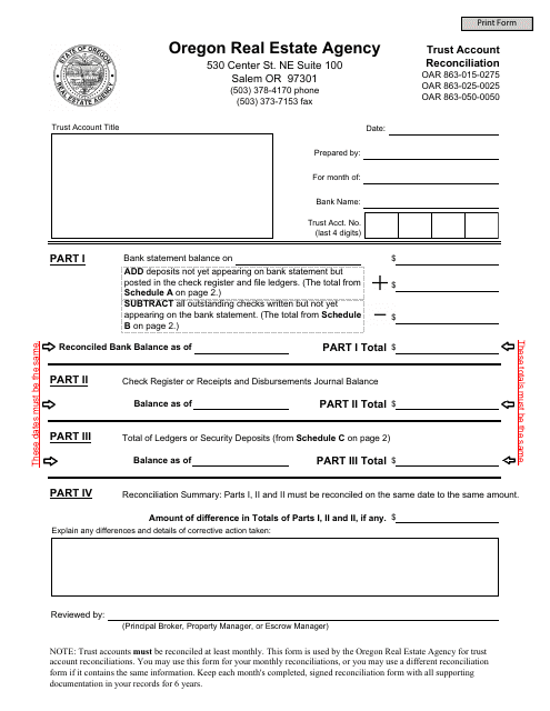 Oregon Real Estate Agency Trust Account Reconciliation Form Download 