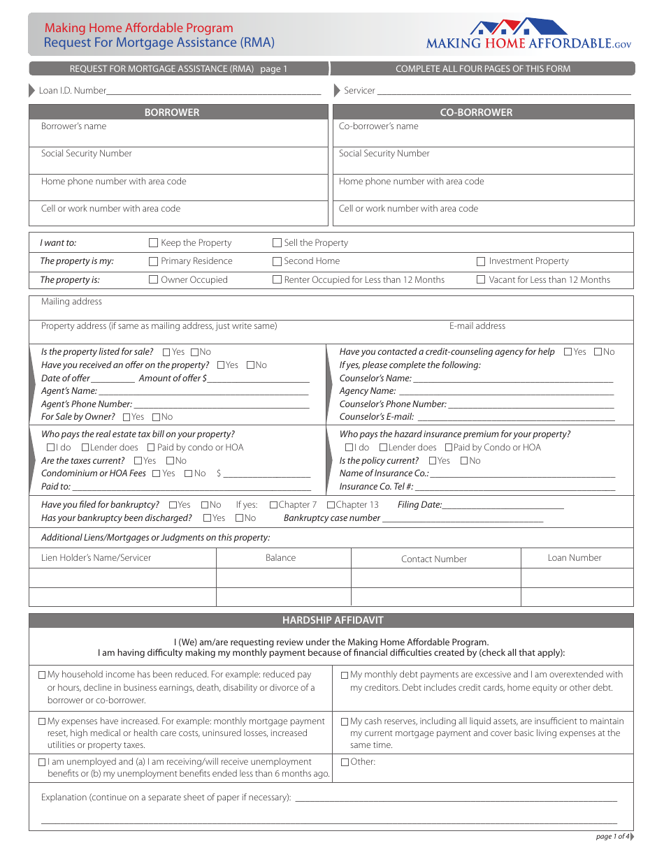 Request for Mortgage Assistance (Rma) Form, Page 1