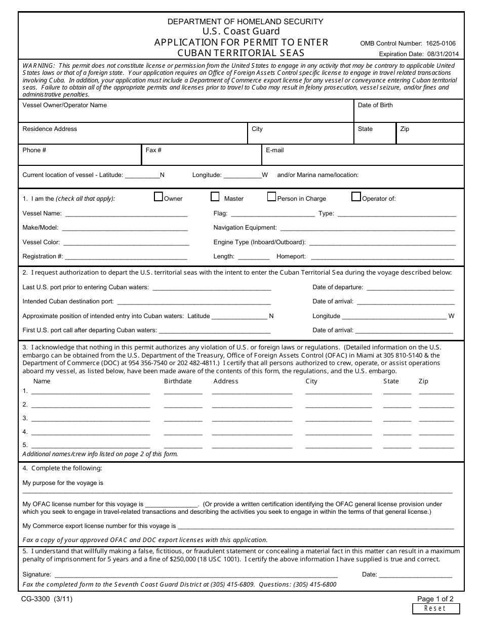 Form CG-3300 Application for Permit to Enter Cuban Territorial Seas, Page 1
