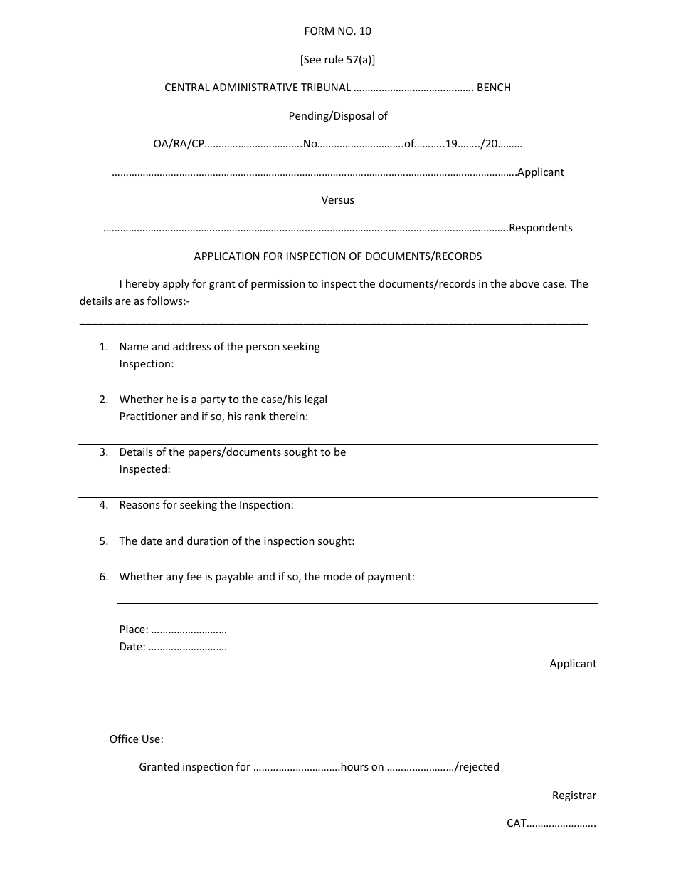 Form 10 Application for Inspection of Documents / Records - India, Page 1