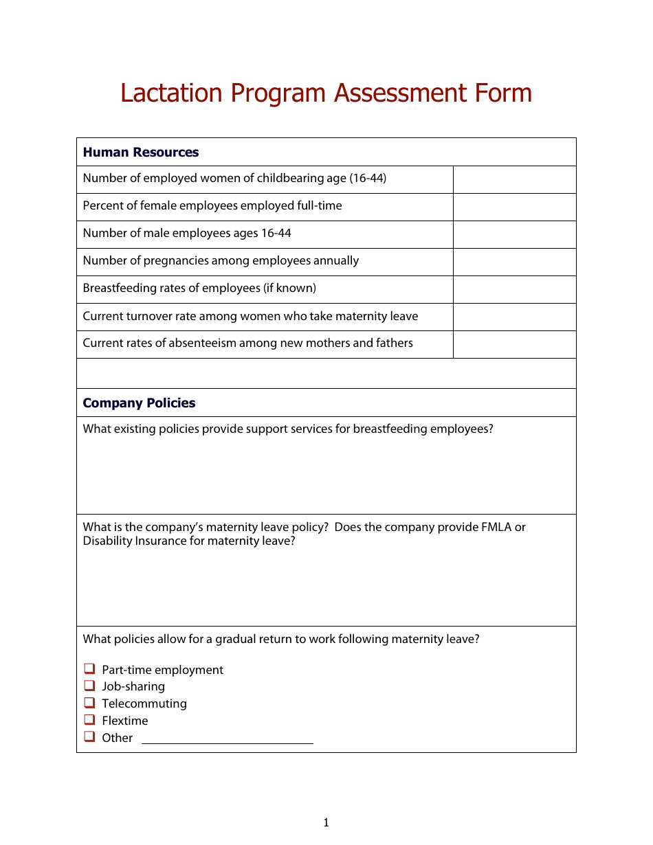 Lactation Program Assessment Form, Page 1
