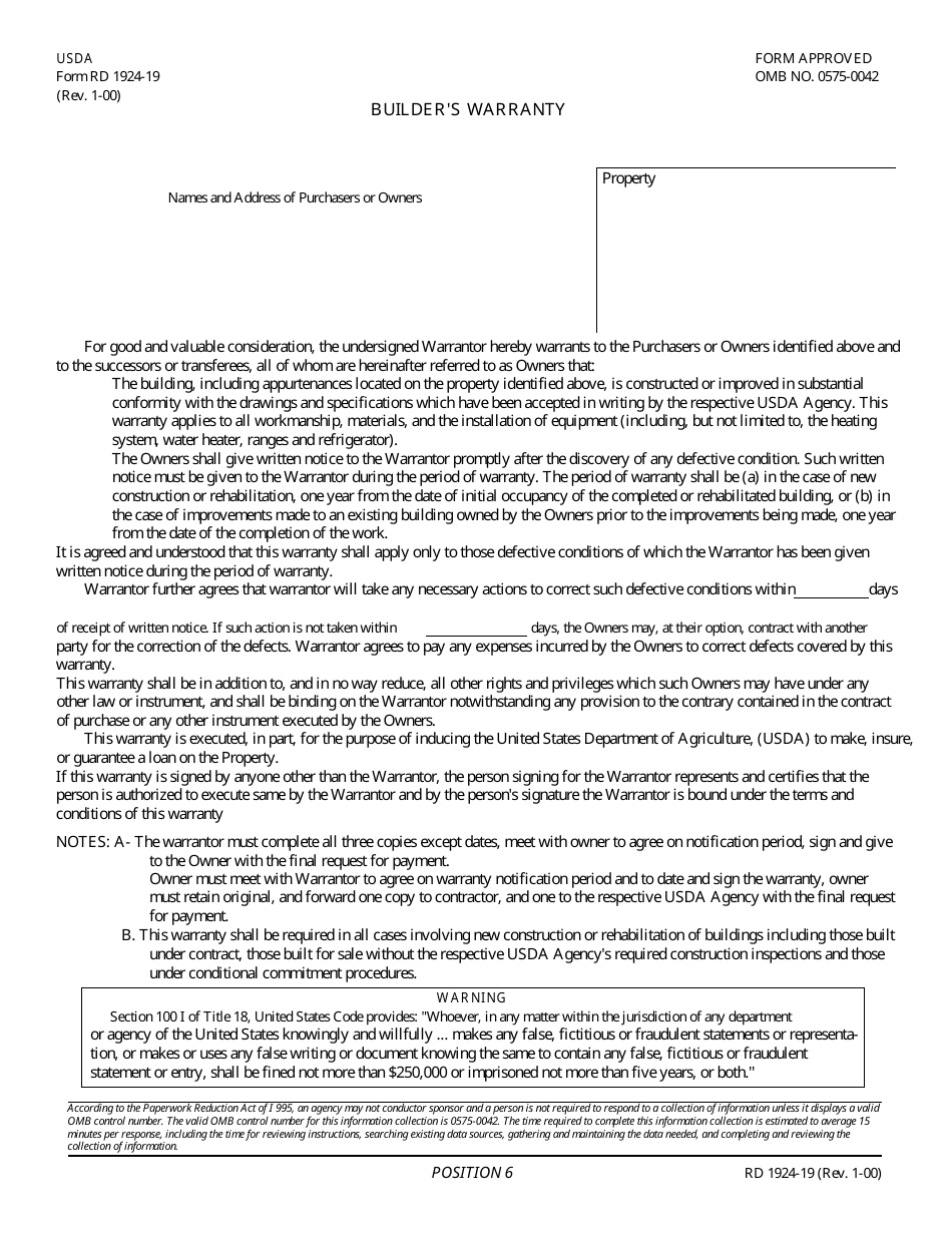 Form RD1924-19 Builders Warranty, Page 1