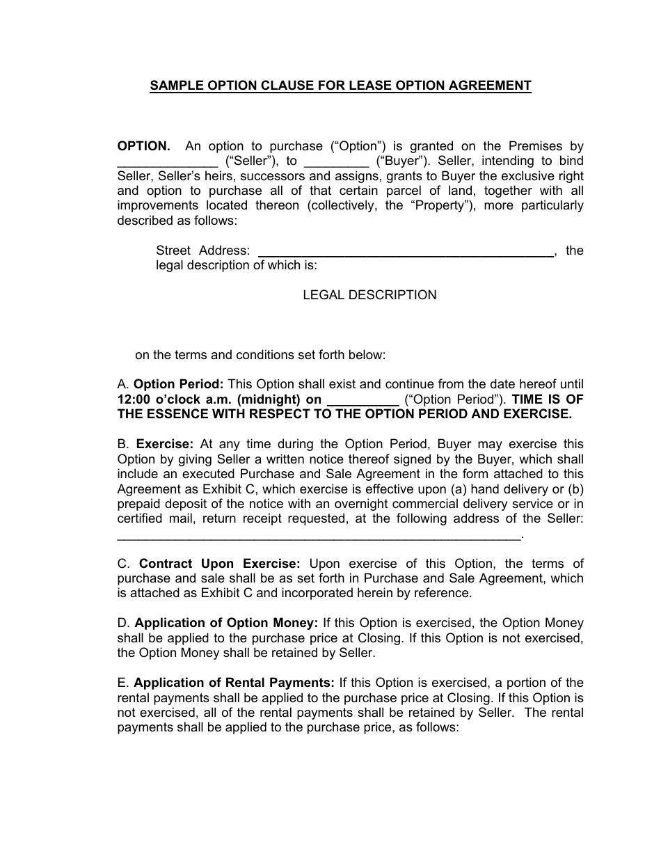 Option Clause for Lease Option Agreement Template - Sample, Page 1