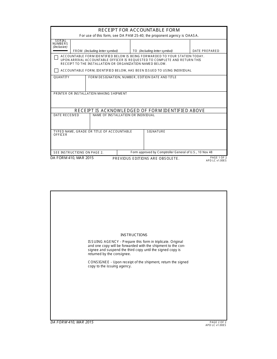 DA Form 410 Receipt for Accountable Form, Page 1